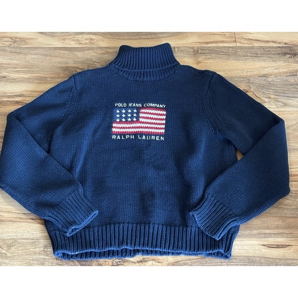 Polo Jeans Company Ralph Lauren Womens L Blue Knit Flag Turtleneck Sweater USA - Picture 4 of 8